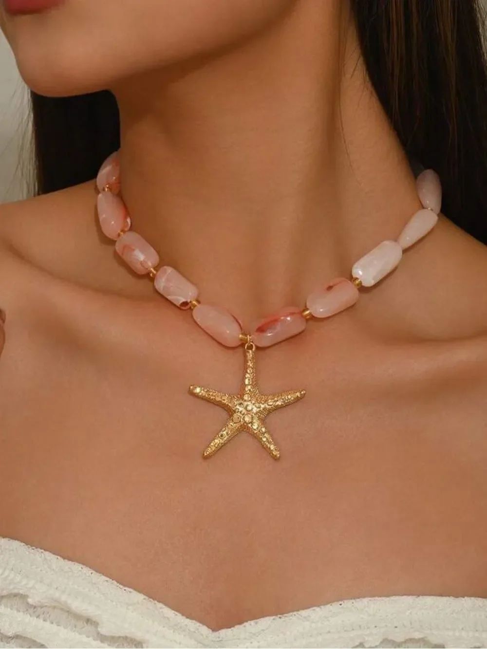Gold Starfish Pendant Necklace with Pink Beads R679